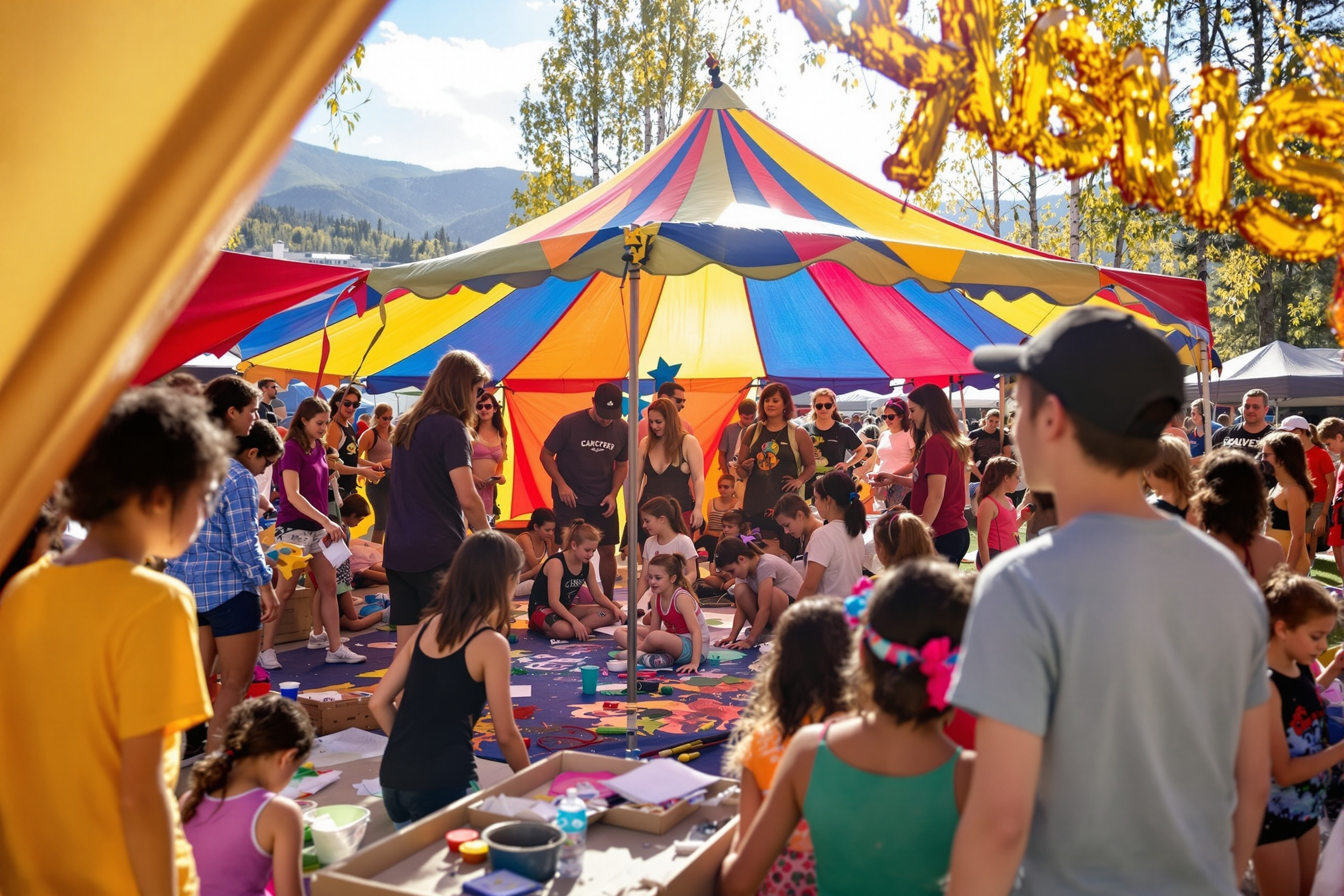 Children and volunteers at an outdoor community youth arts event in a mountain town
