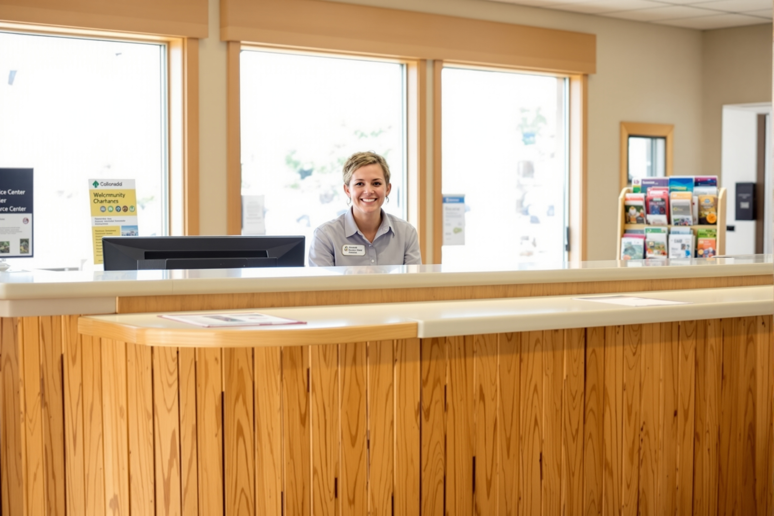 A friendly volunteer greeting a visitor at a community resource center desk
