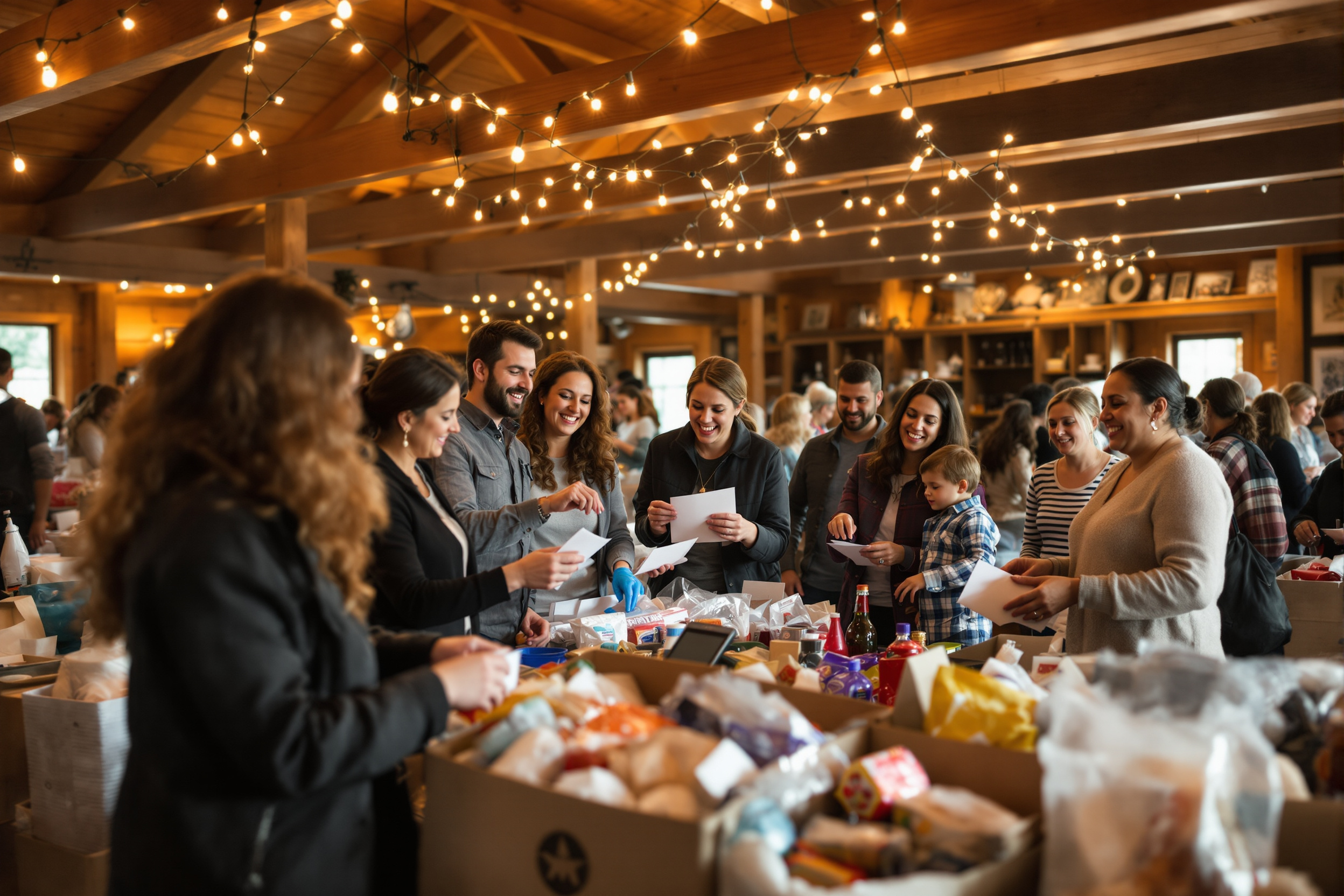 Community members contributing at a fundraising benefit event in a mountain-town hall