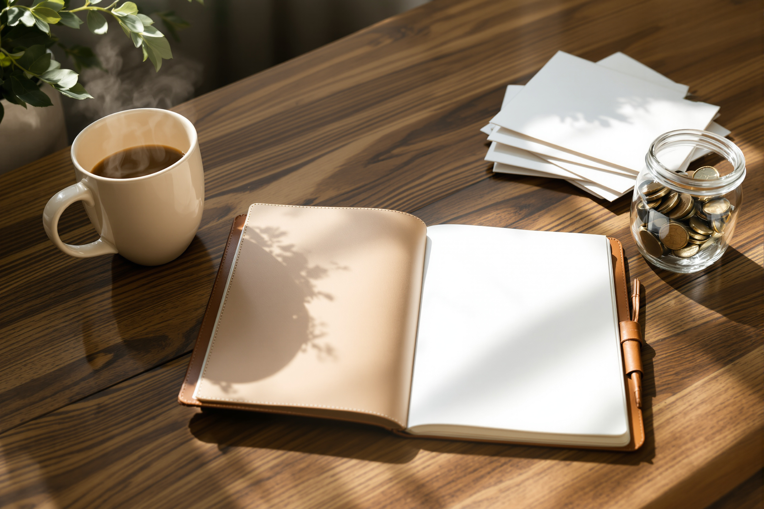 A person thoughtfully planning charitable donations at a desk with a notebook and envelopes