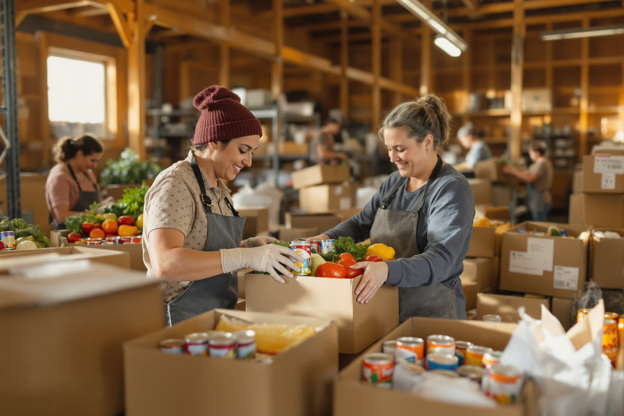 Volunteers packing food boxes at a community food pantry
