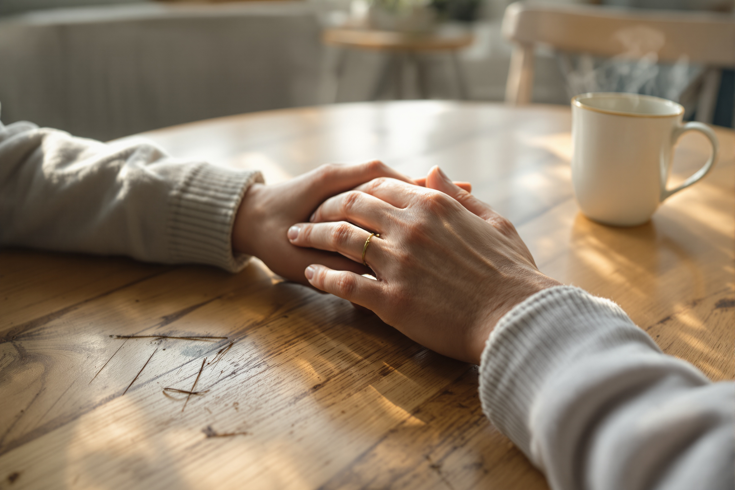 One person offering a reassuring hand to another across a kitchen table
