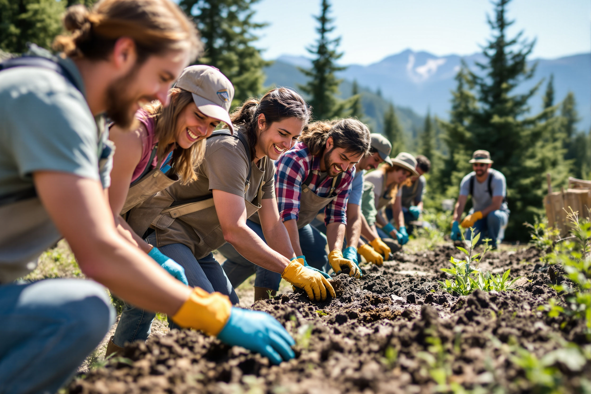 A group of volunteers working together on a community project outdoors in the mountains